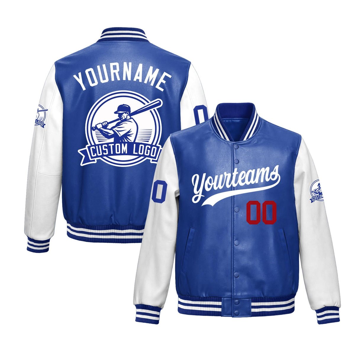 Custom Royal Blue White Raglan Sleeves Full-Snap Faux Leather Letterman Jacket| KXKSHOP