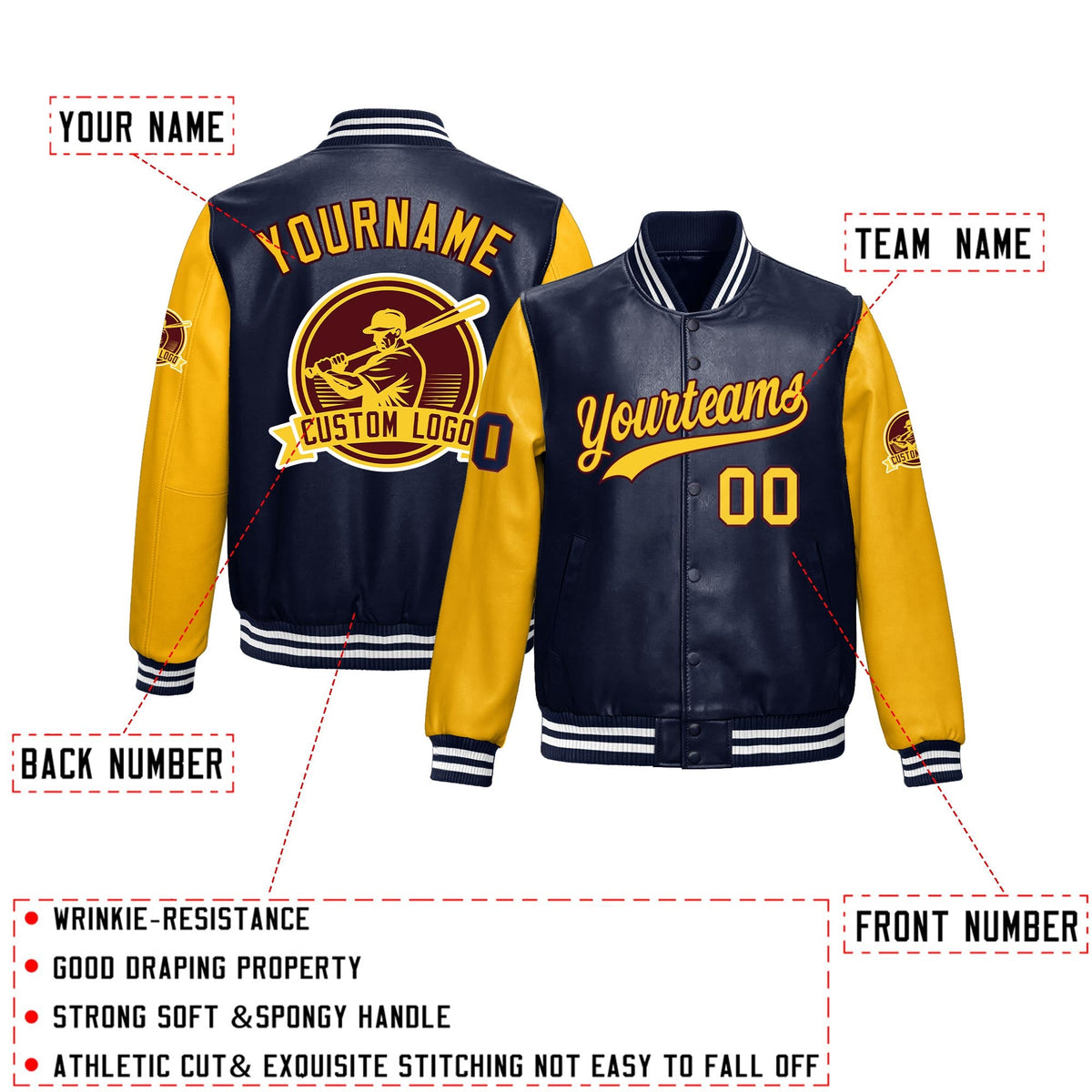 Custom Navy Yellow Raglan Sleeves Full-Snap Faux Leather Letterman Jacket| KXKSHOP