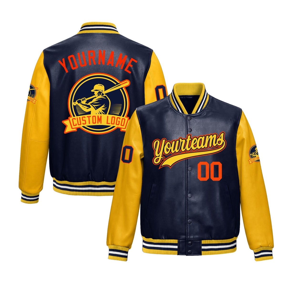 Custom Navy Yellow Raglan Sleeves Full-Snap Faux Leather Letterman Jacket| KXKSHOP
