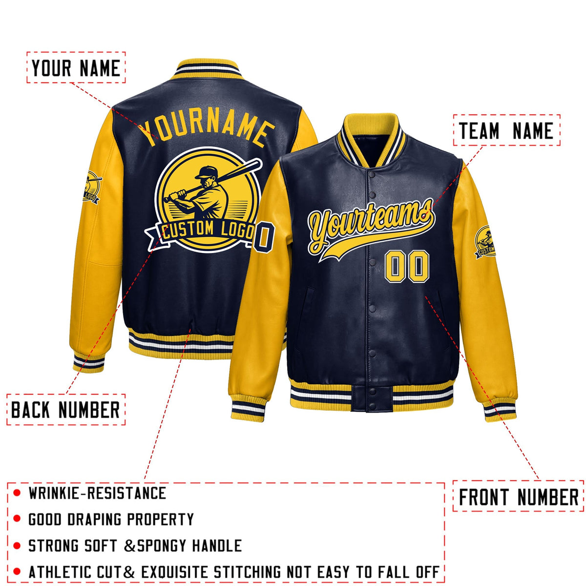 Custom Navy Yellow Raglan Sleeves Full-Snap Faux Leather Letterman Jacket| KXKSHOP