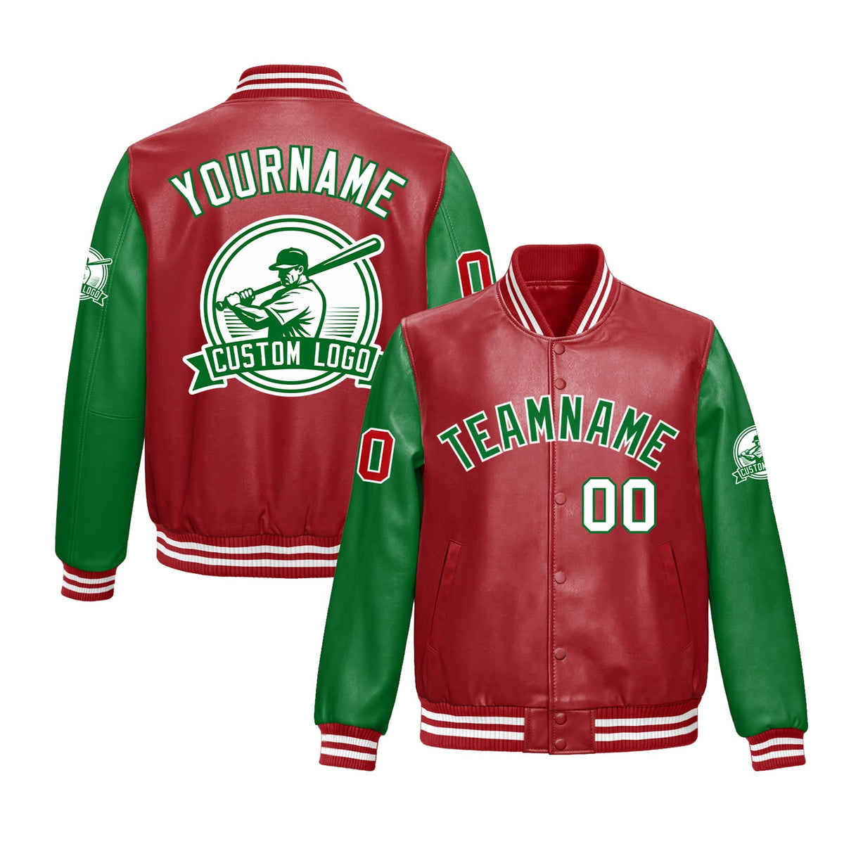 Custom Kelly Green Red Raglan Sleeves Full-Snap Faux Leather Letterman Jacket| KXKSHOP