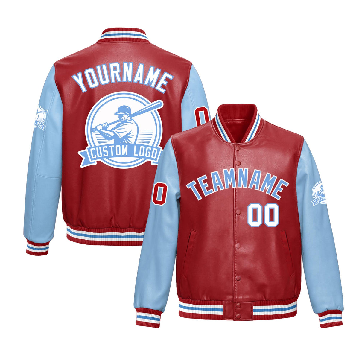 Custom Powder Blue Red Raglan Sleeves Full-Snap Faux Leather Letterman Jacket| KXKSHOP
