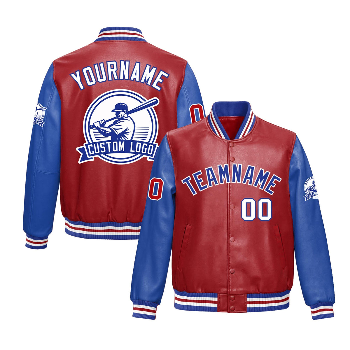 Custom Royal Blue White Raglan Sleeves Full-Snap Faux Leather Letterman Jacket| KXKSHOP