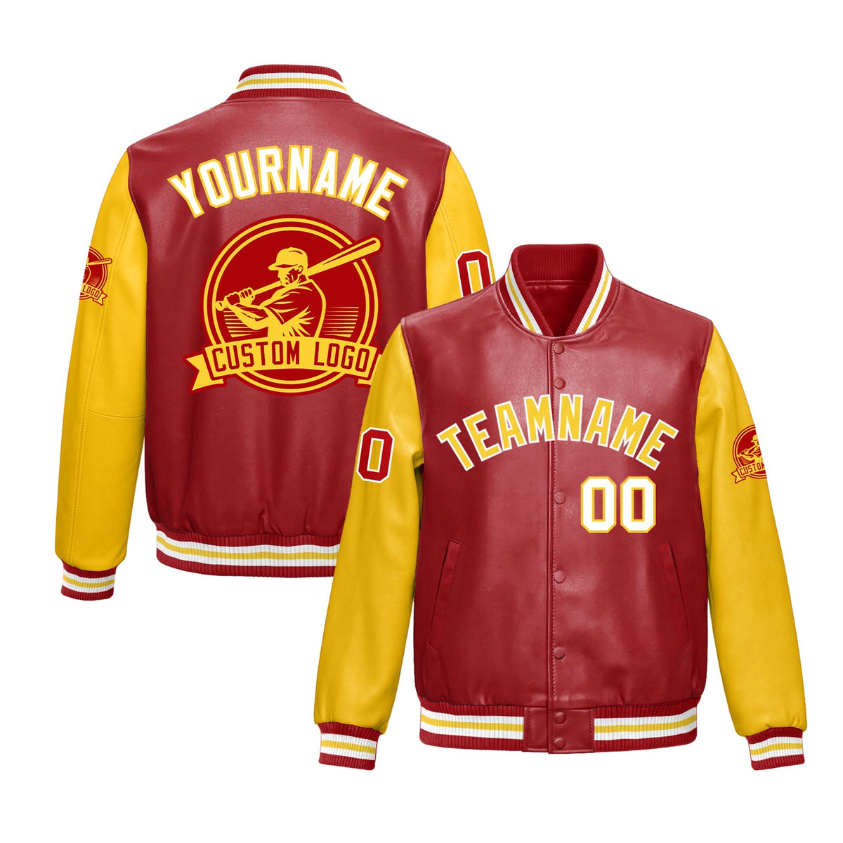 Custom Yellow Red Raglan Sleeves Full-Snap Faux Leather Letterman Jacket| KXKSHOP
