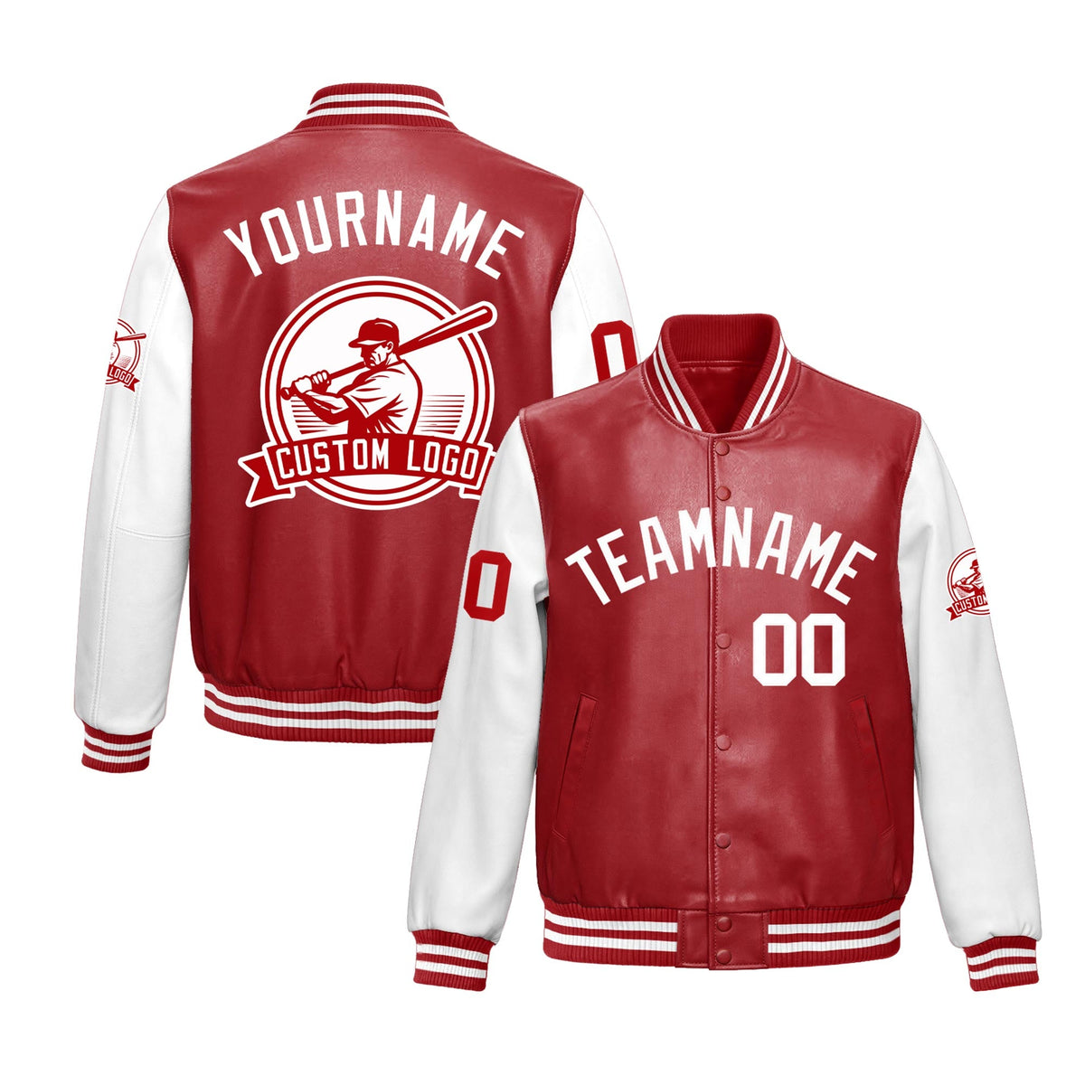 Custom Red White Raglan Sleeves Full-Snap Faux Leather Letterman Jacket| KXKSHOP