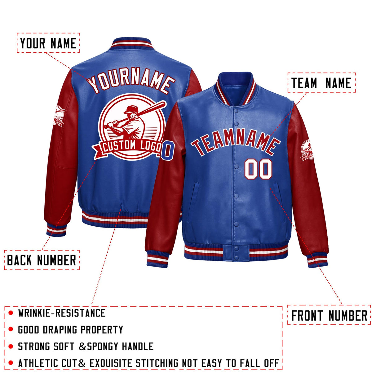 Custom Royal Blue Red Raglan Sleeves Full-Snap Faux Leather Letterman Jacket| KXKSHOP