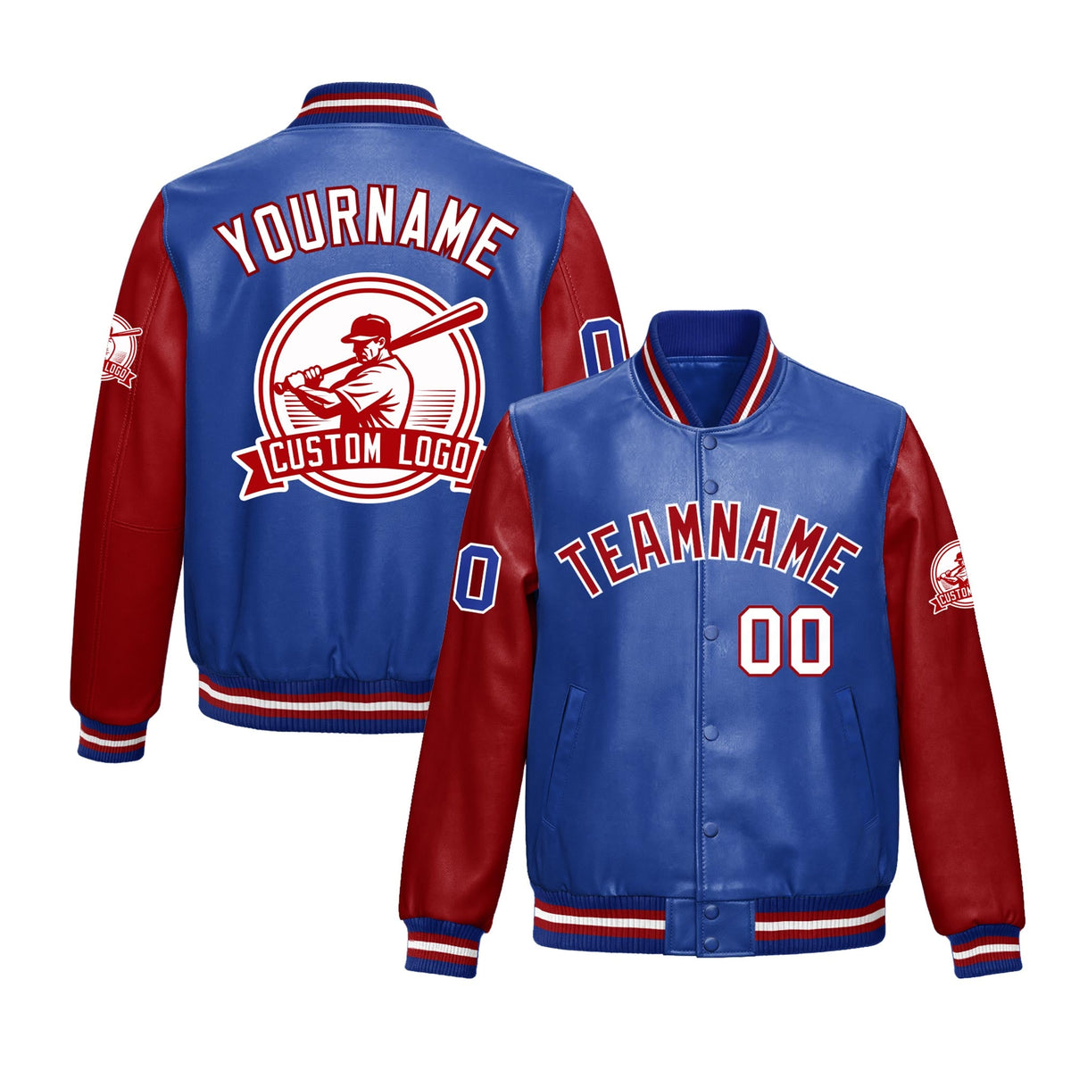Custom Royal Blue Red Raglan Sleeves Full-Snap Faux Leather Letterman Jacket| KXKSHOP