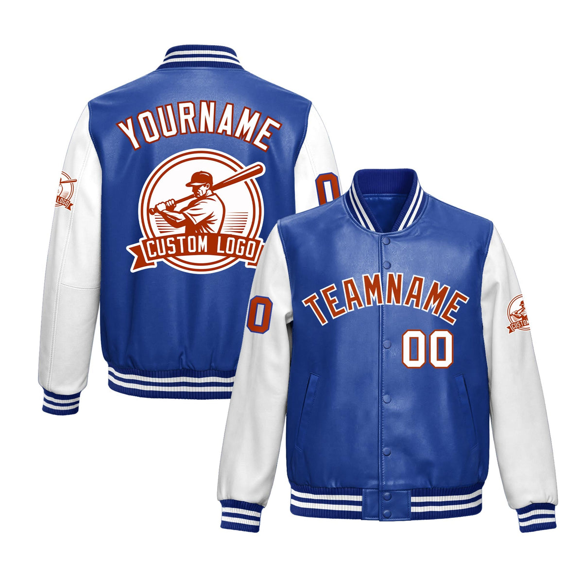 Custom Royal Blue White Raglan Sleeves Full-Snap Faux Leather Letterman Jacket| KXKSHOP