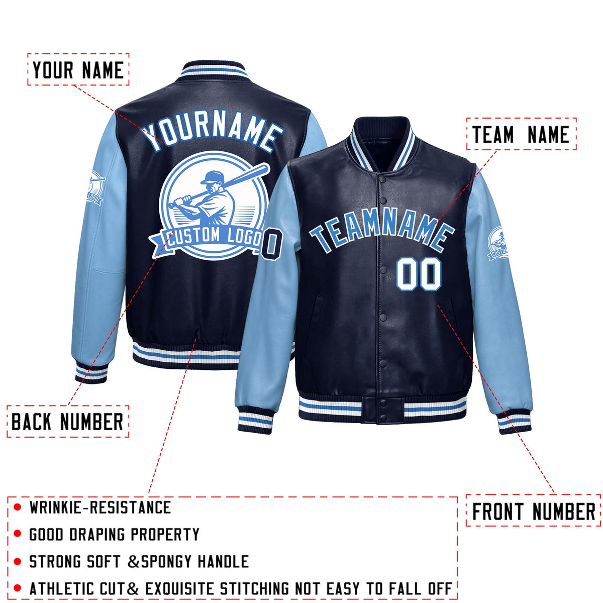 Custom Navy Powder Blue Raglan Sleeves Full-Snap Faux Leather Letterman Jacket| KXKSHOP