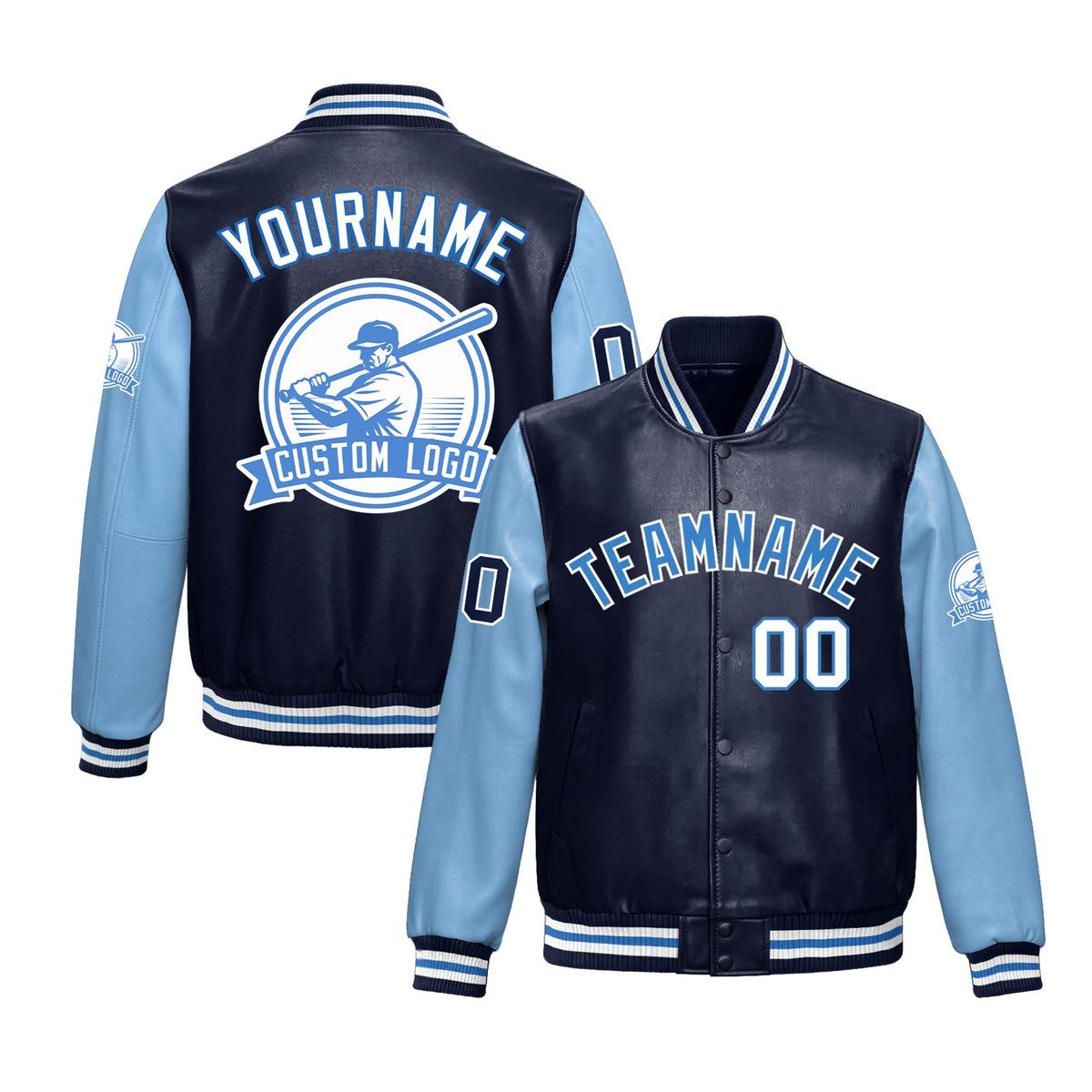 Custom Navy Powder Blue Raglan Sleeves Full-Snap Faux Leather Letterman Jacket| KXKSHOP