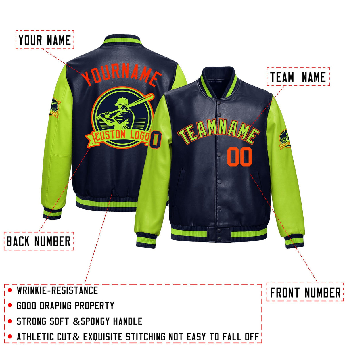 Custom Navy Neon Green Raglan Sleeves Full-Snap Faux Leather Letterman Jacket| KXKSHOP