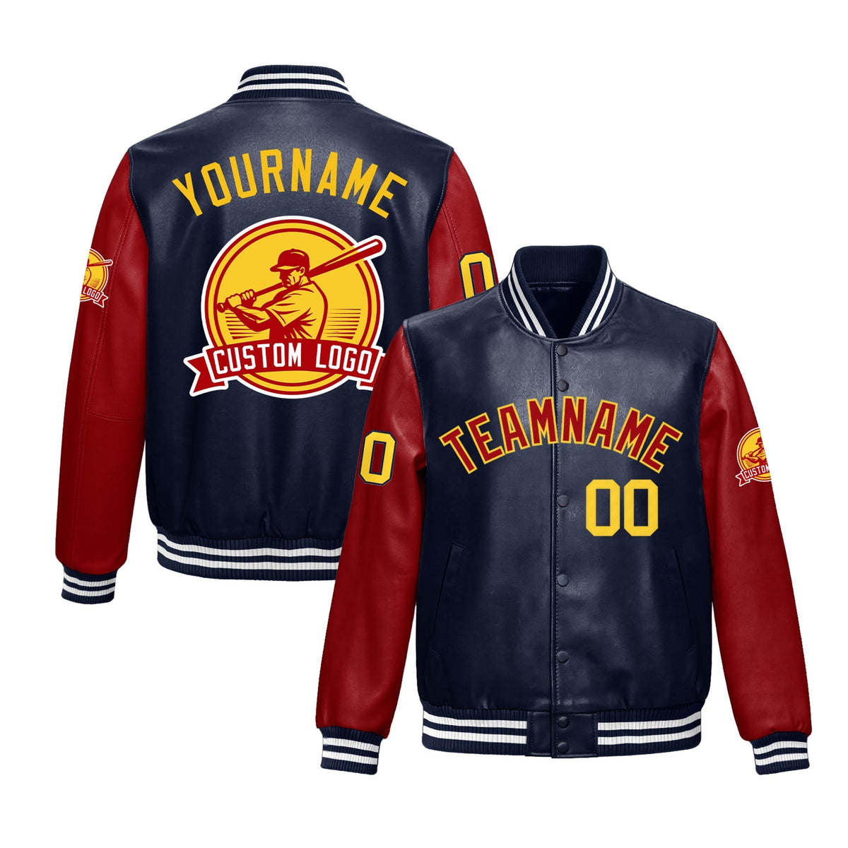 Custom Navy White Raglan Sleeves Full-Snap Faux Leather Letterman Jacket| KXKSHOP