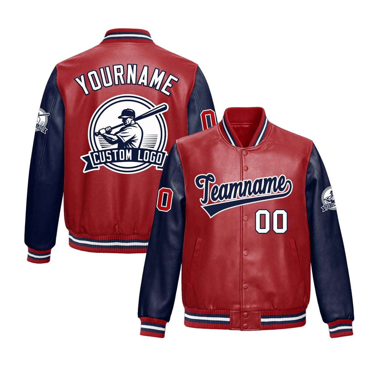 Custom Navy Red Raglan Sleeves Full-Snap Faux Leather Letterman Jacket| KXKSHOP