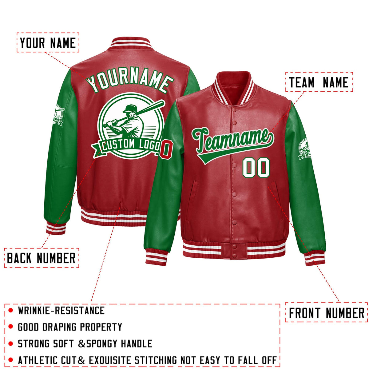 Custom Kelly Green Red Raglan Sleeves Full-Snap Faux Leather Letterman Jacket| KXKSHOP