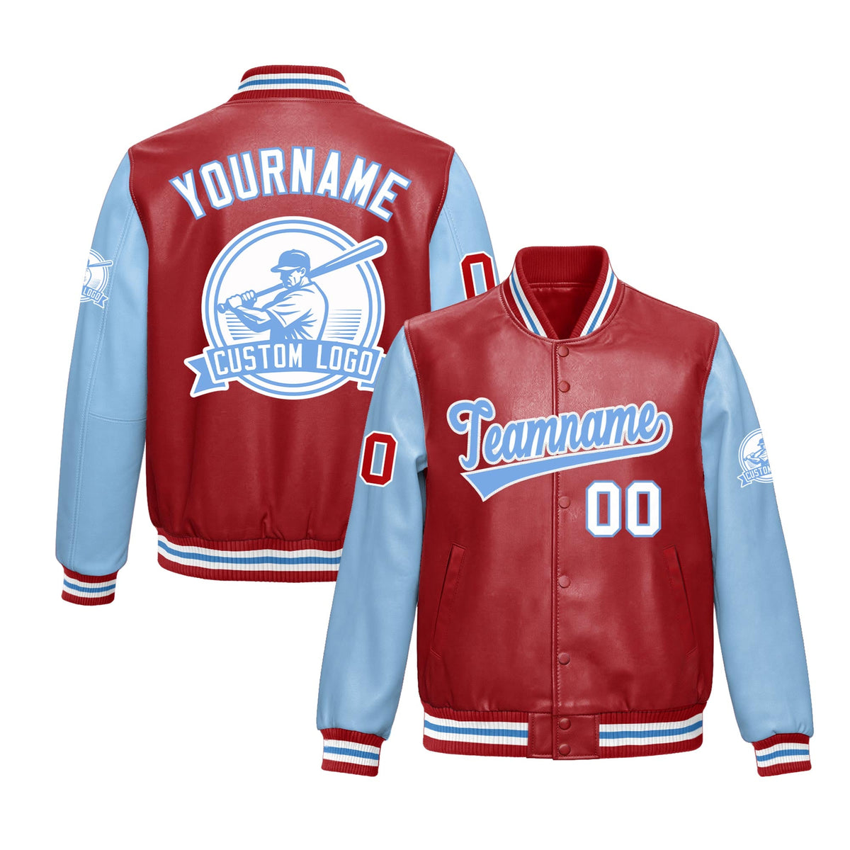 Custom Powder Blue Red Raglan Sleeves Full-Snap Faux Leather Letterman Jacket| KXKSHOP