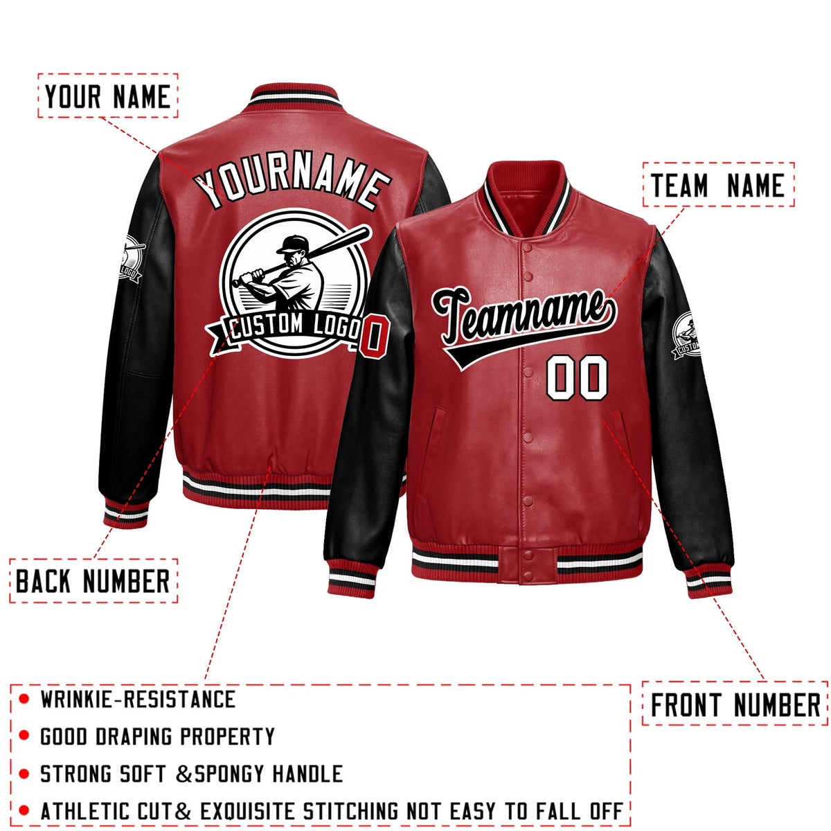 Custom Black Red Raglan Sleeves Full-Snap Faux Leather Letterman Jacket| KXKSHOP
