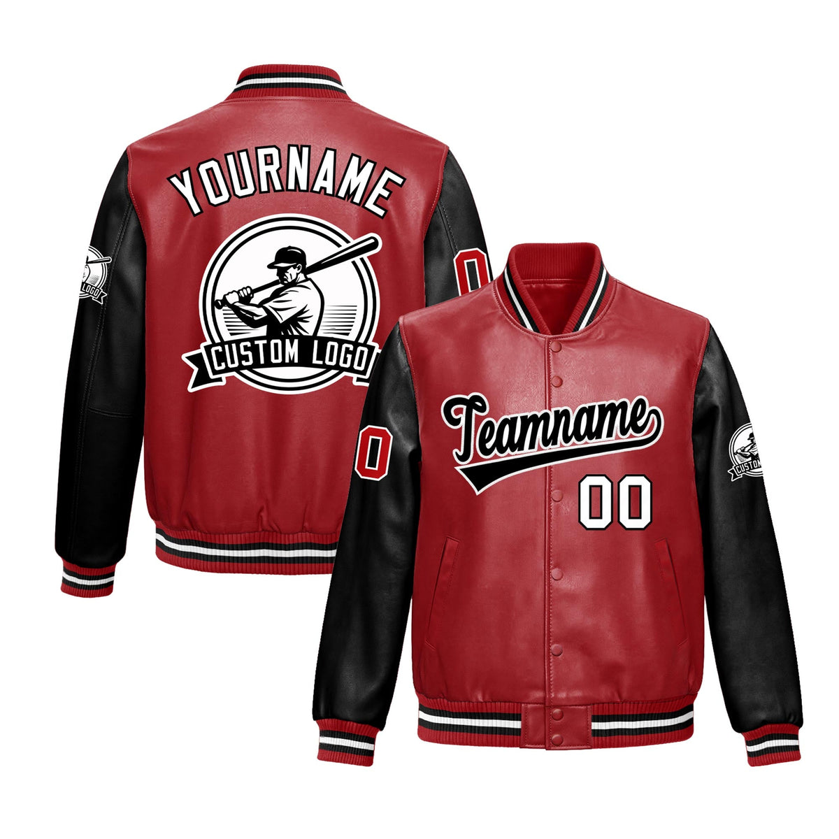 Custom Black Red Raglan Sleeves Full-Snap Faux Leather Letterman Jacket| KXKSHOP