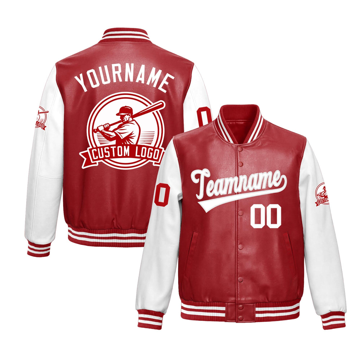 Custom Red White Raglan Sleeves Full-Snap Faux Leather Letterman Jacket| KXKSHOP