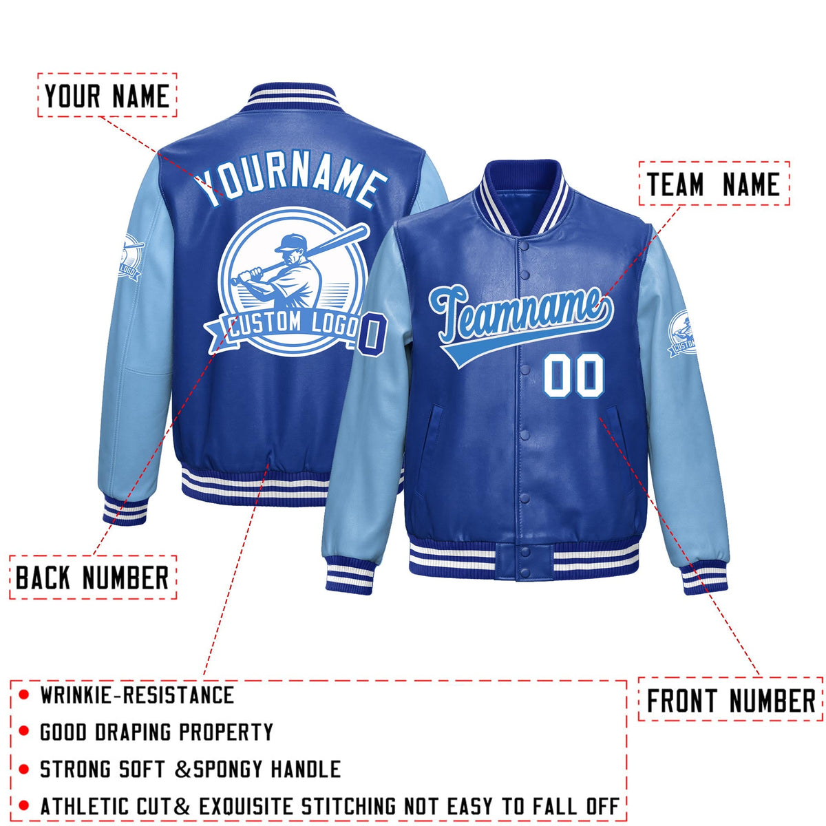 Custom Royal Blue Powder Blue Raglan Sleeves Full-Snap Faux Leather Letterman Jacket| KXKSHOP