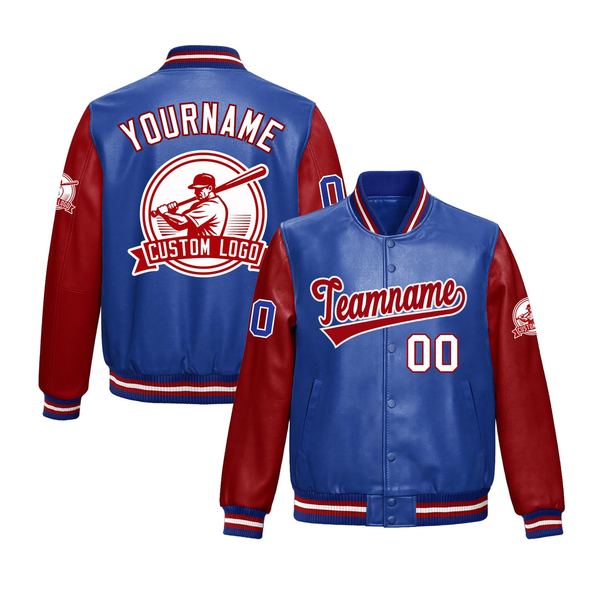 Custom Royal Blue Red Raglan Sleeves Full-Snap Faux Leather Letterman Jacket| KXKSHOP
