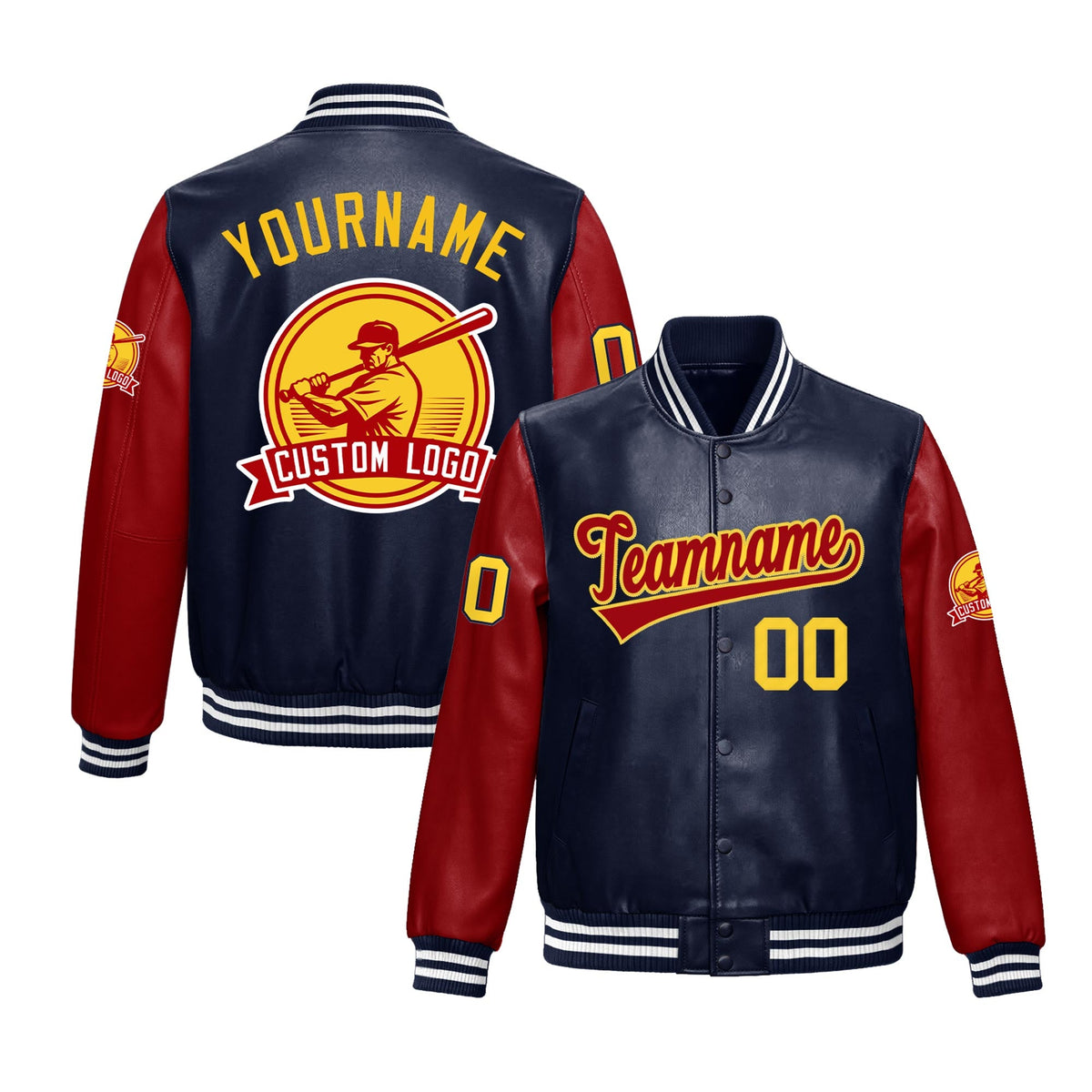 Custom Navy White Raglan Sleeves Full-Snap Faux Leather Letterman Jacket| KXKSHOP