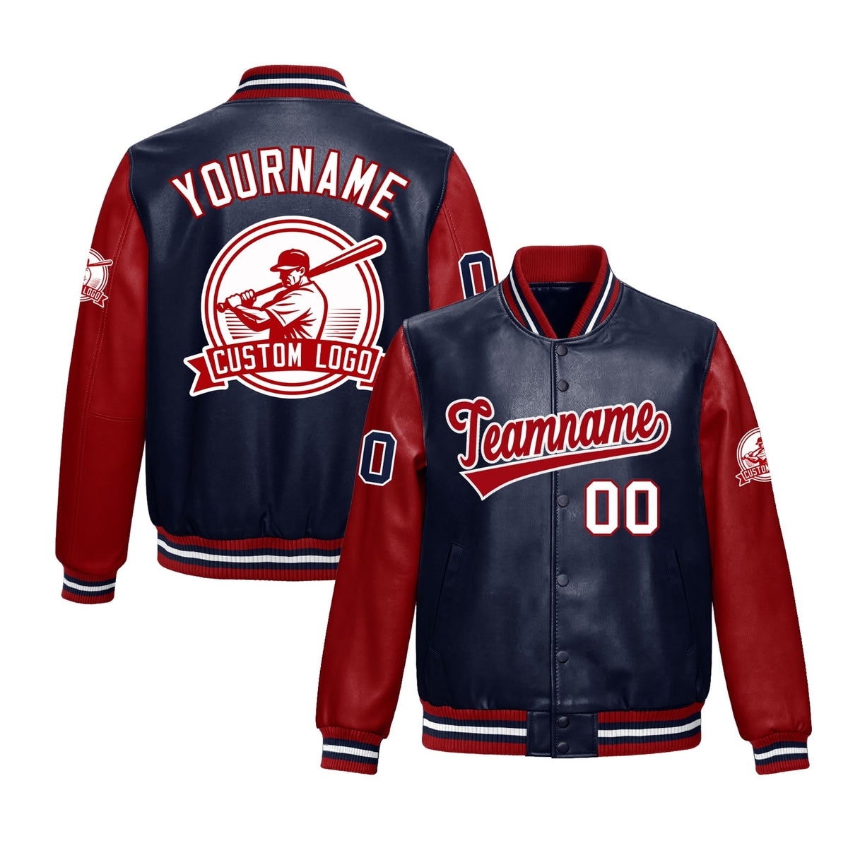 Custom Navy Red Raglan Sleeves Full-Snap Faux Leather Letterman Jacket| KXKSHOP