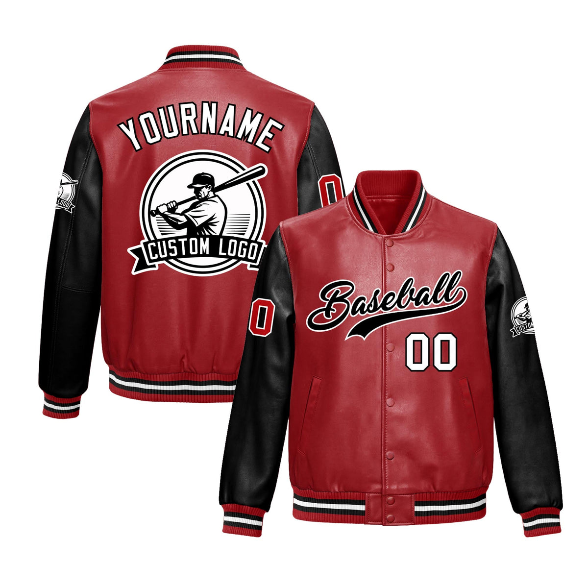 Custom Black Red Raglan Sleeves Full-Snap Faux Leather Letterman Jacket| KXKSHOP