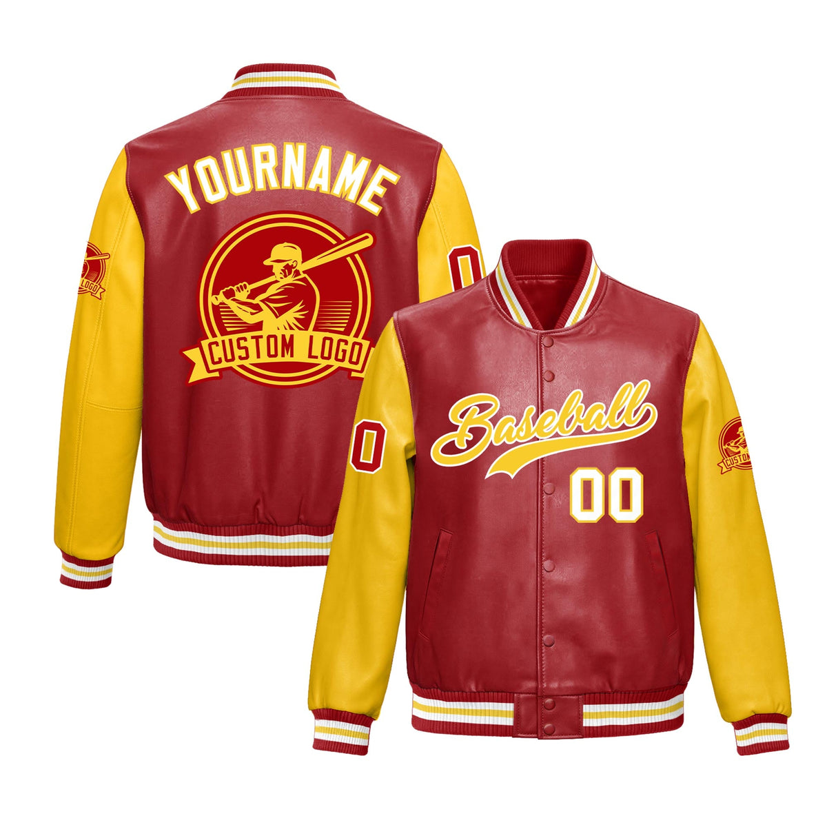 Custom Yellow Red Raglan Sleeves Full-Snap Faux Leather Letterman Jacket| KXKSHOP