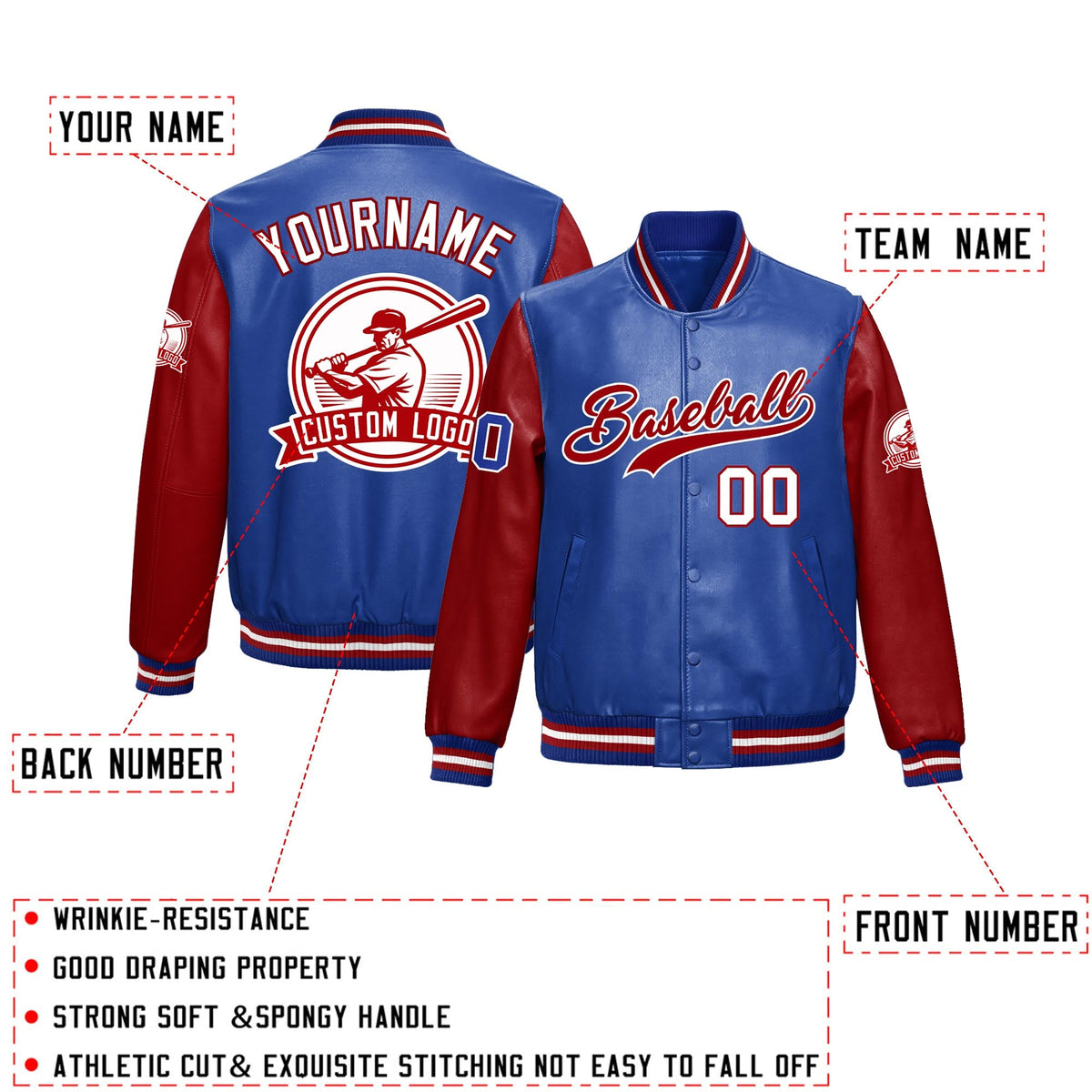 Custom Royal Blue Red Raglan Sleeves Full-Snap Faux Leather Letterman Jacket| KXKSHOP