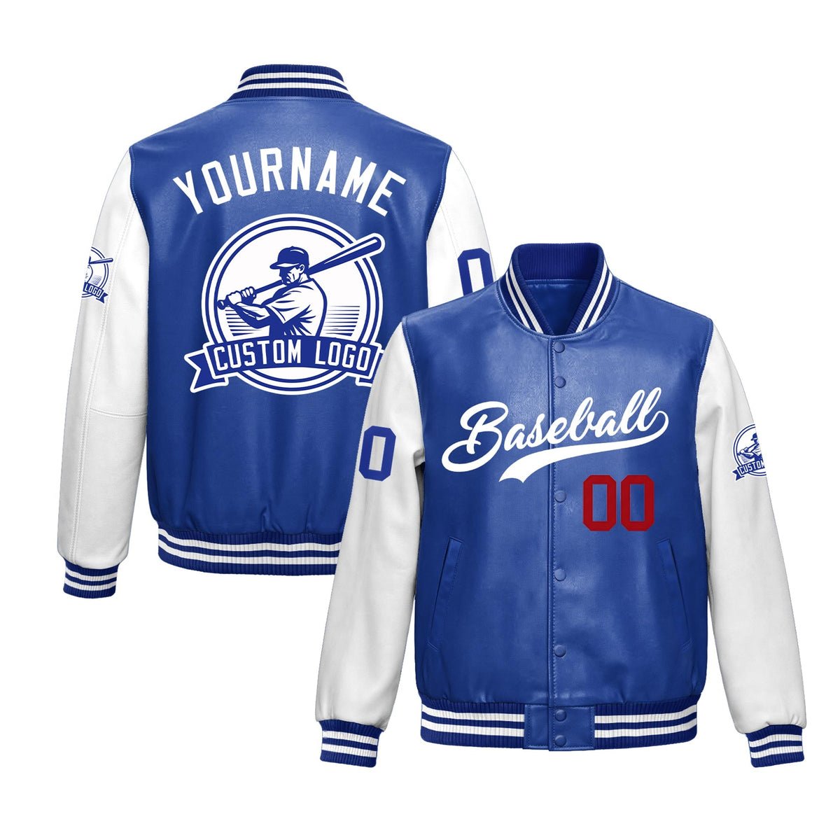 Custom Royal Blue White Raglan Sleeves Full-Snap Faux Leather Letterman Jacket| KXKSHOP