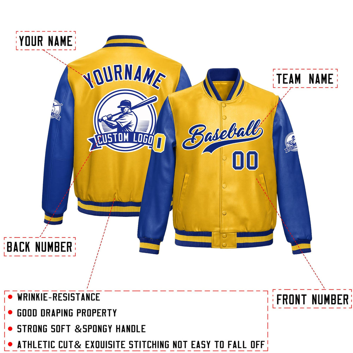 Custom Yellow Royal Blue Raglan Sleeves Full-Snap Faux Leather Letterman Jacket| KXKSHOP