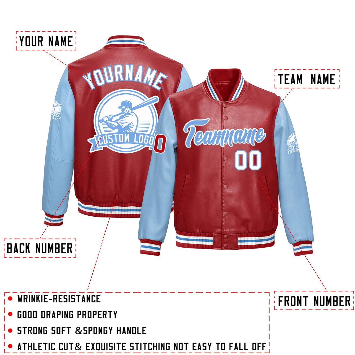 Custom Powder Blue Red Raglan Sleeves Full-Snap Faux Leather Letterman Jacket| KXKSHOP