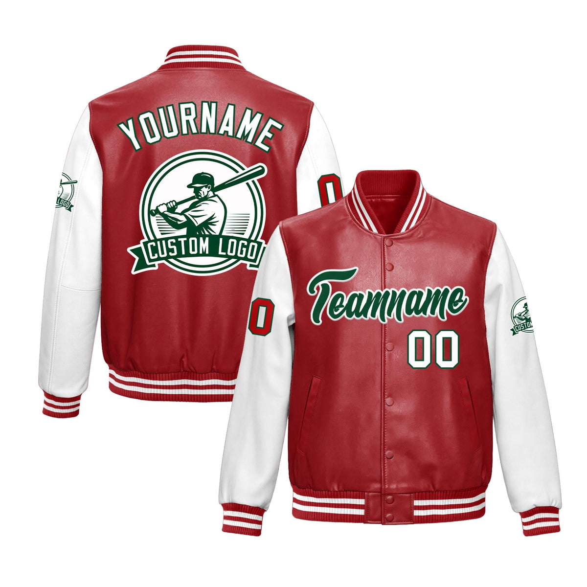 Custom Red White Raglan Sleeves Full-Snap Faux Leather Letterman Jacket| KXKSHOP