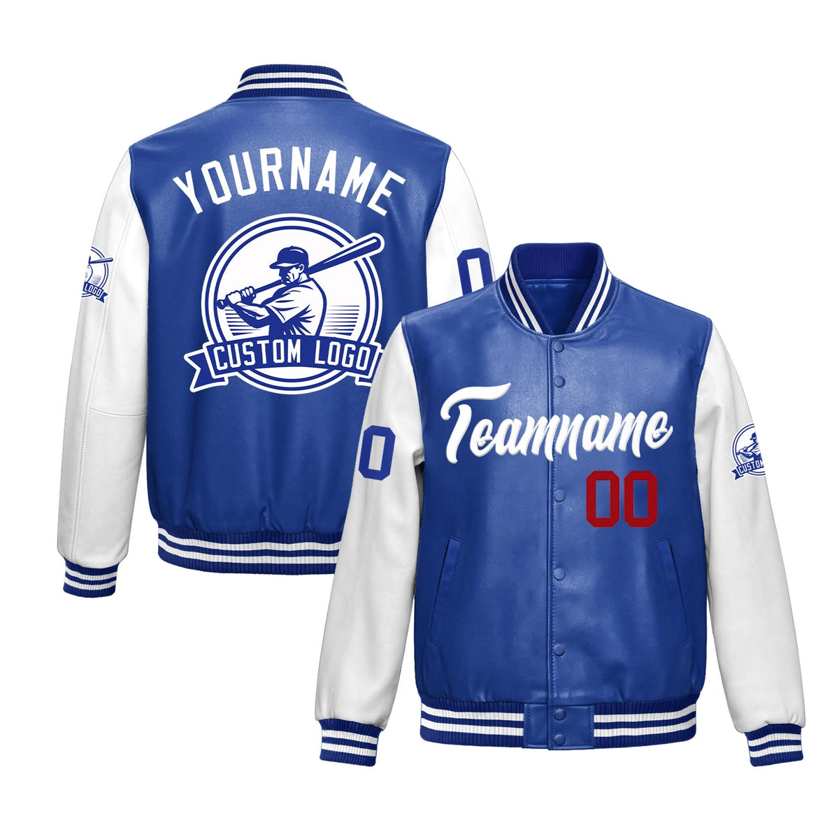 Custom Royal Blue White Raglan Sleeves Full-Snap Faux Leather Letterman Jacket| KXKSHOP