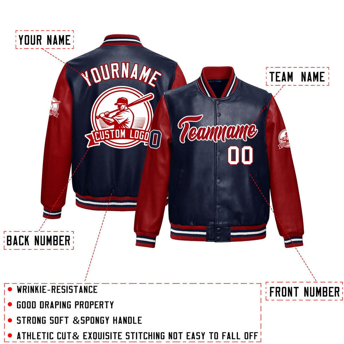 Custom Navy Red Raglan Sleeves Full-Snap Faux Leather Letterman Jacket| KXKSHOP