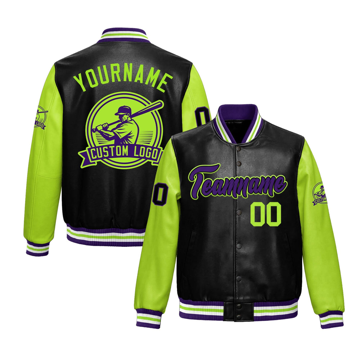 Custom Black Neon Green Raglan Sleeves Full-Snap Faux Leather Letterman Jacket| KXKSHOP
