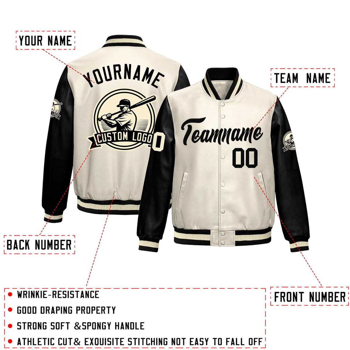 Custom Cream Black Raglan Sleeves Full-Snap Faux Leather Letterman Jacket| KXKSHOP