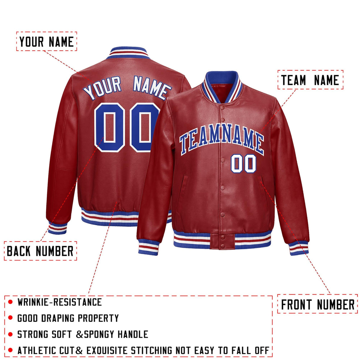 Custom Red Royal Blue Full-Snap Varsity Faux Leather Letterman Jacket| KXKSHOP