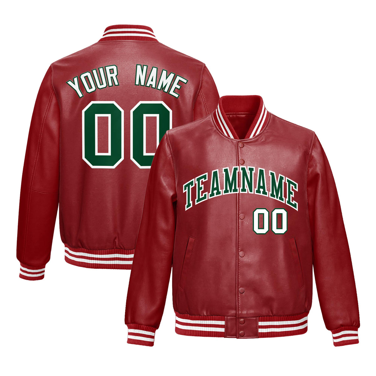 Custom Red Dark Green Full-Snap Varsity Faux Leather Letterman Jacket| KXKSHOP