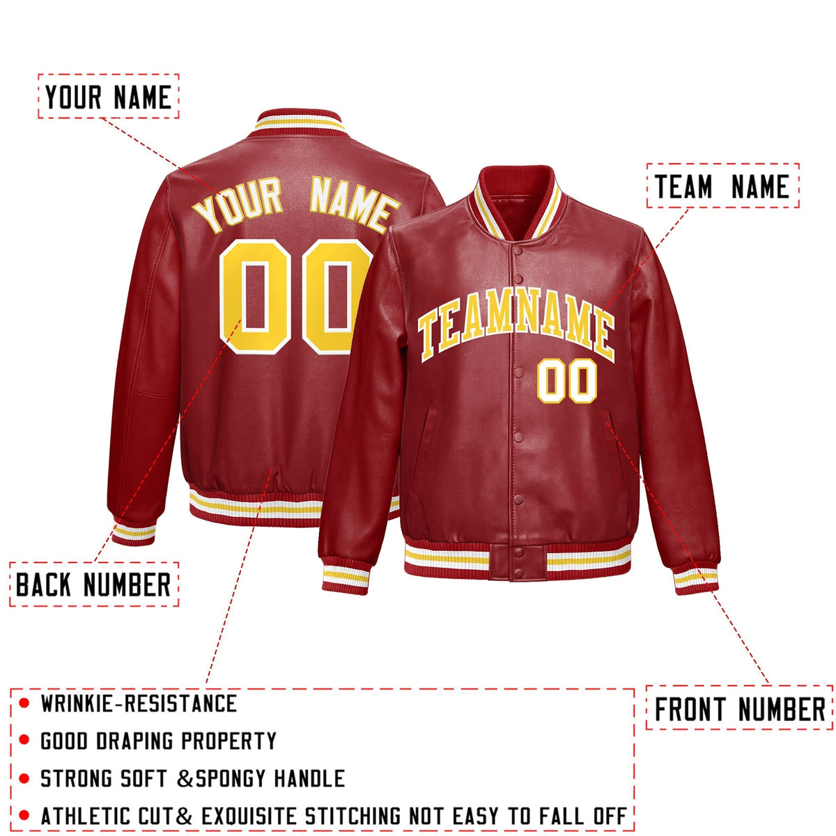 Custom Red Gold Full-Snap Varsity Faux Leather Letterman Jacket| KXKSHOP