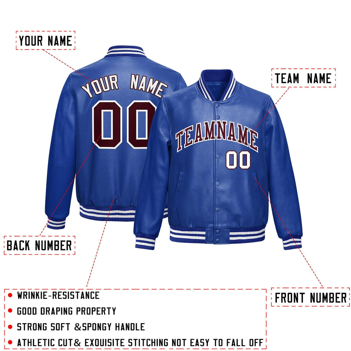 Custom Royal Blue Crimson Full-Snap Varsity Faux Leather Letterman Jacket| KXKSHOP