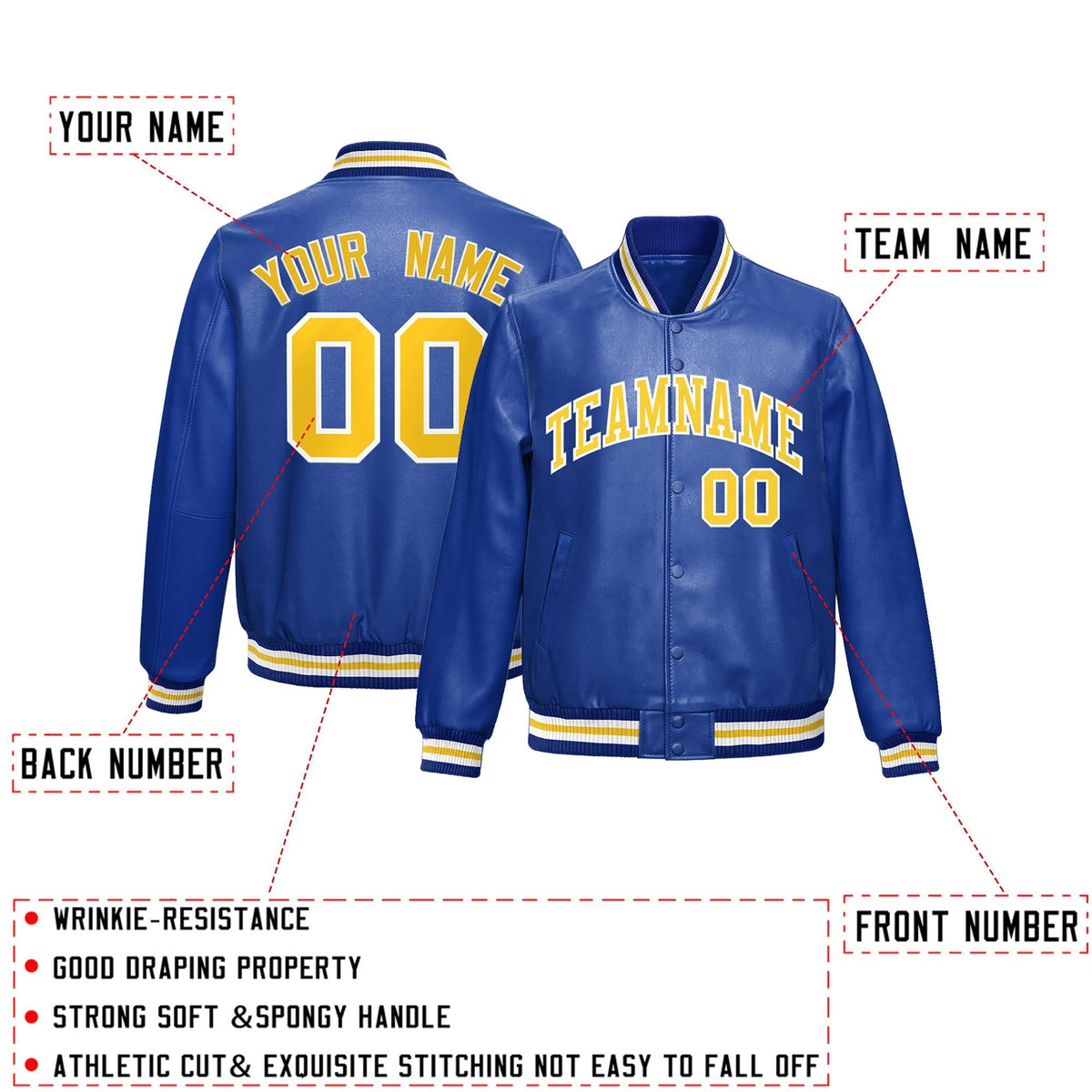 Custom Royal Blue Gold Full-Snap Varsity Faux Leather Letterman Jacket| KXKSHOP