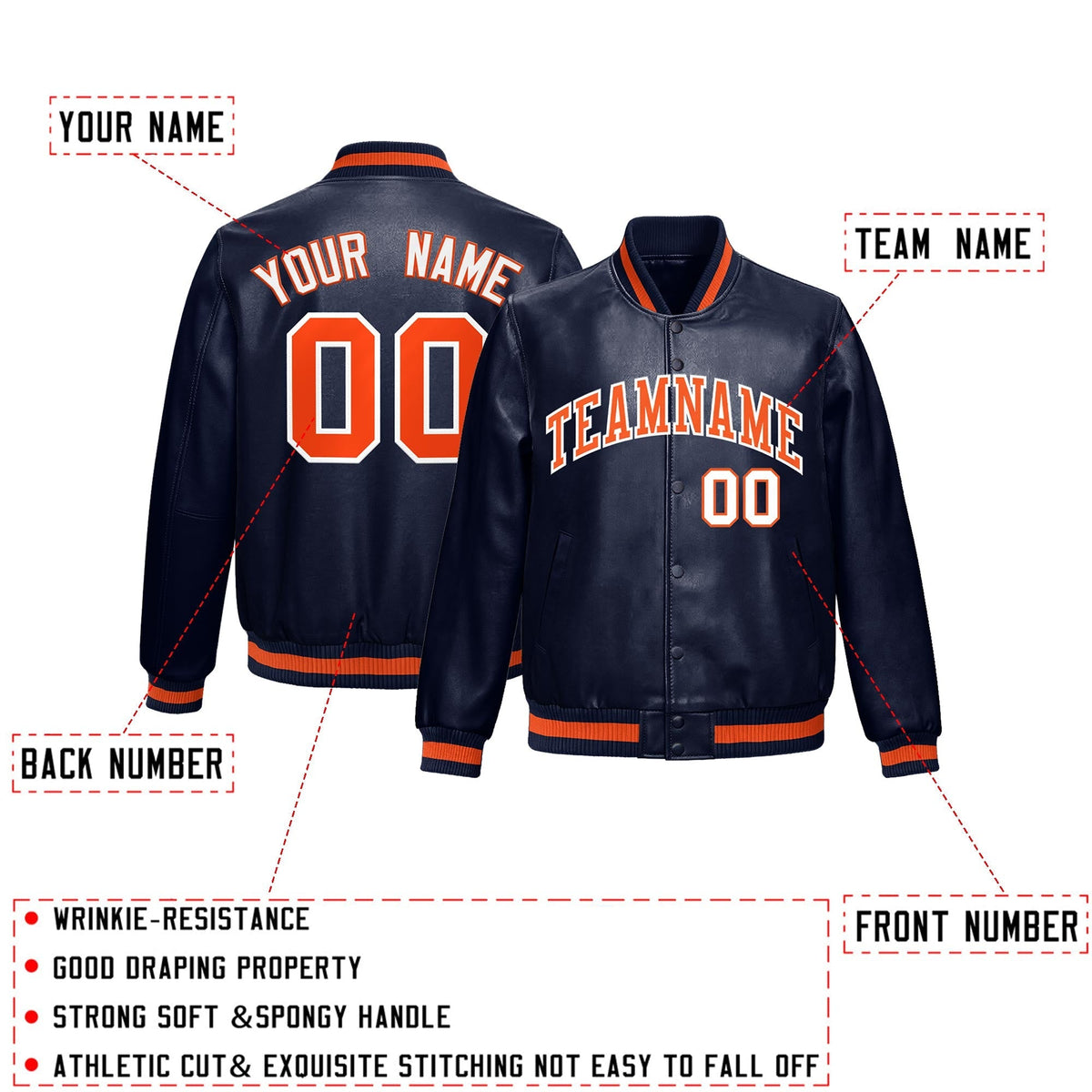 Custom Navy Orange Full-Snap Varsity Faux Leather Letterman Jacket| KXKSHOP