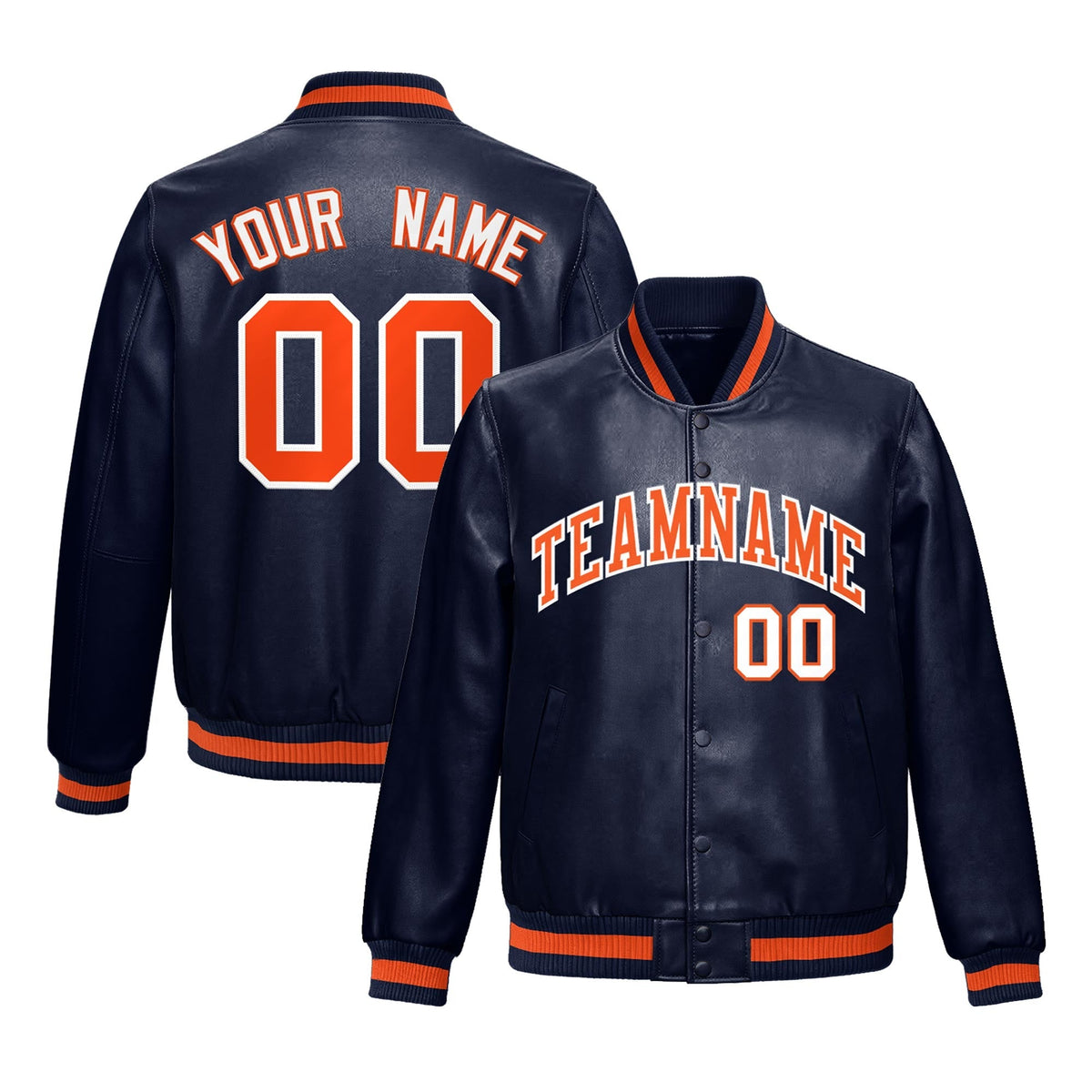 Custom Navy Orange Full-Snap Varsity Faux Leather Letterman Jacket| KXKSHOP