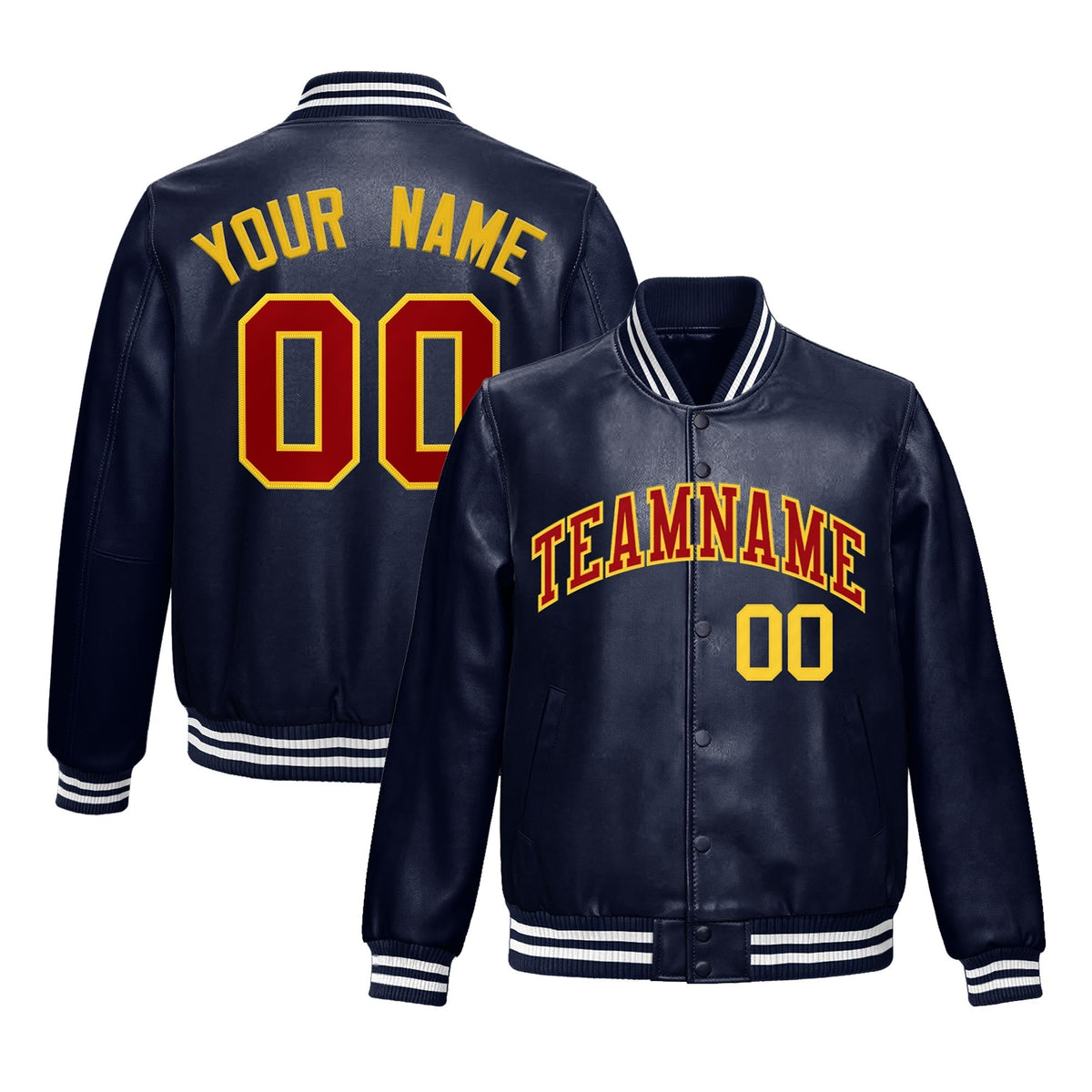 Custom Navy Red Gold Full-Snap Varsity Faux Leather Letterman Jacket| KXKSHOP