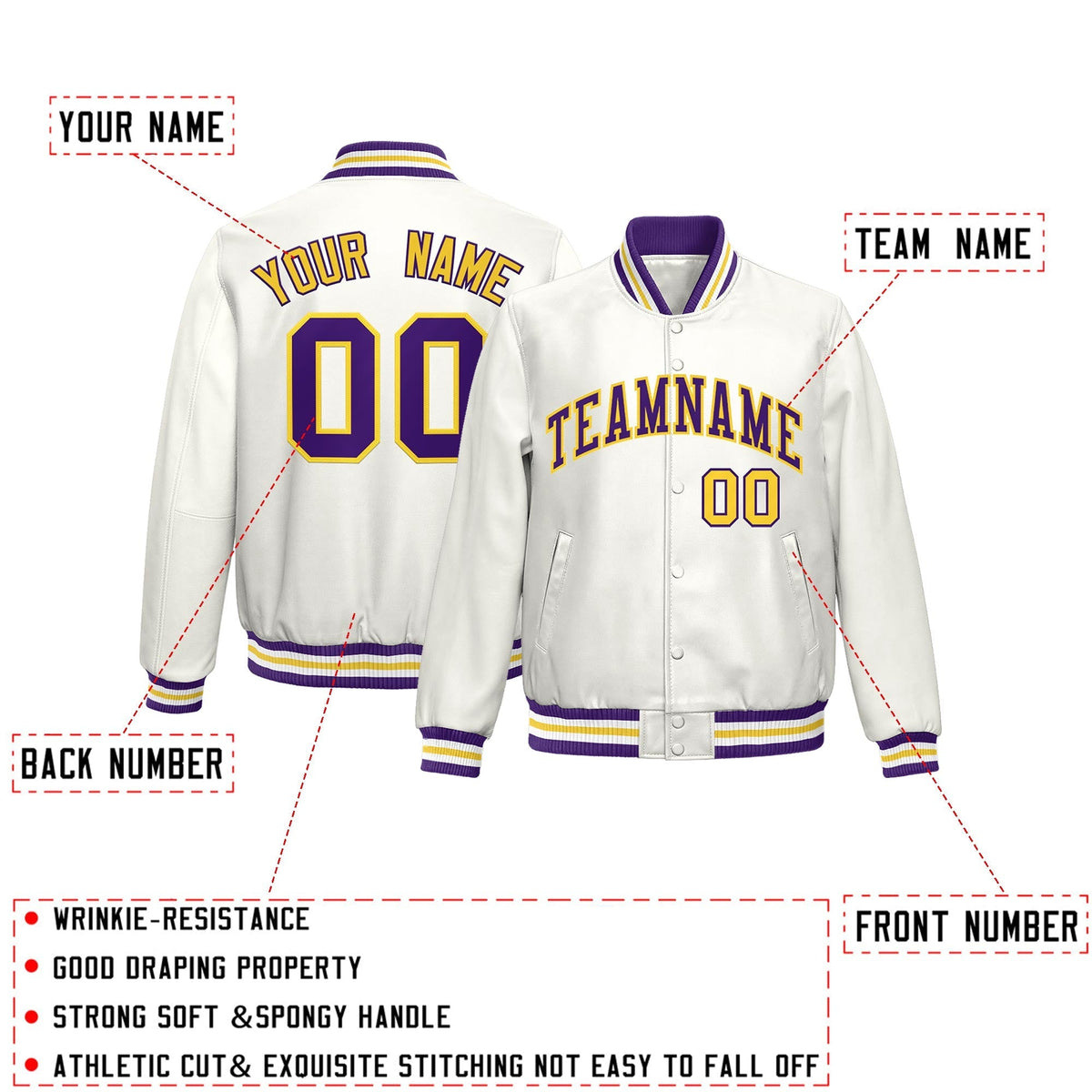 Custom White Purple Yellow Full-Snap Varsity Faux Leather Letterman Jacket| KXKSHOP