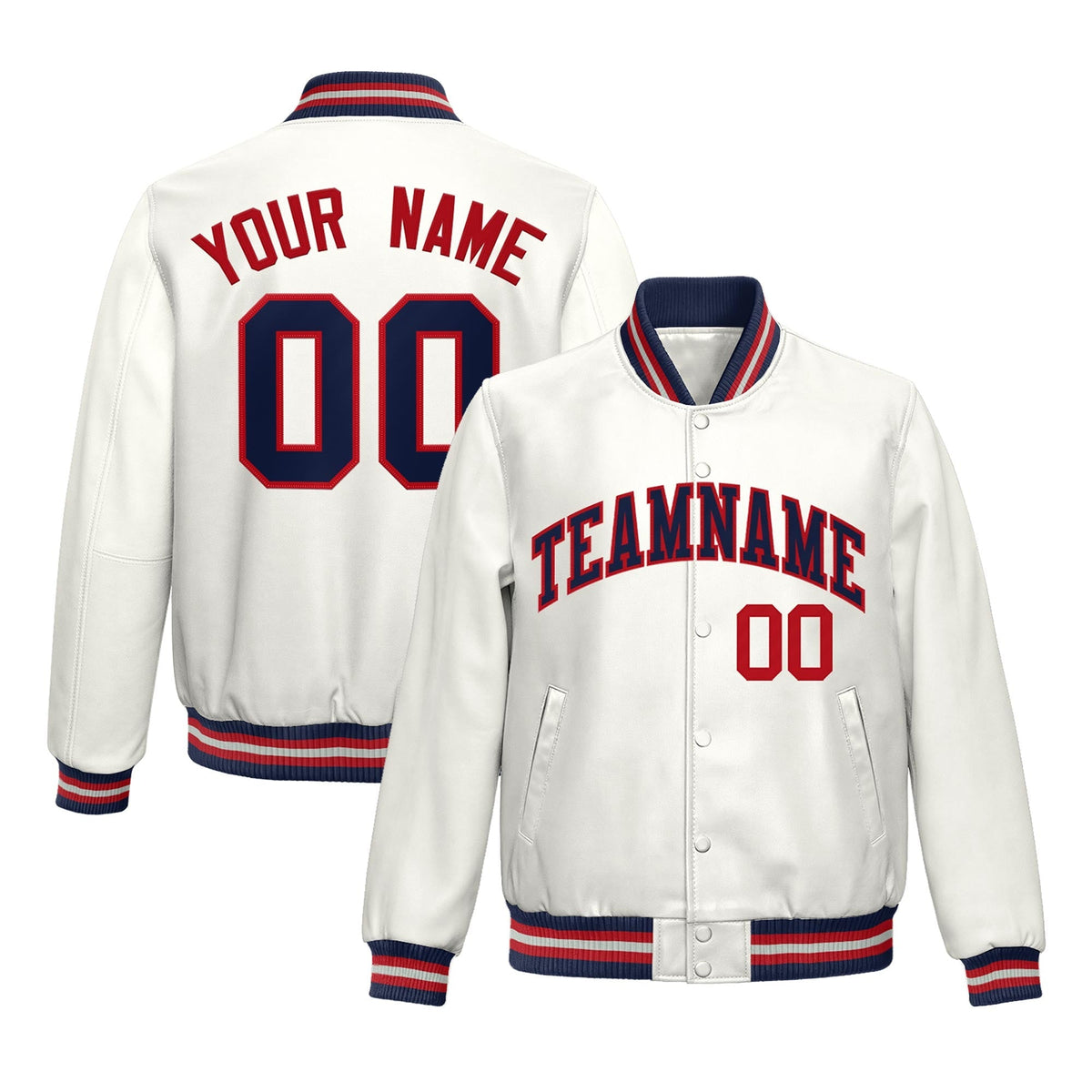 Custom White Navy Red Full-Snap Varsity Faux Leather Letterman Jacket| KXKSHOP