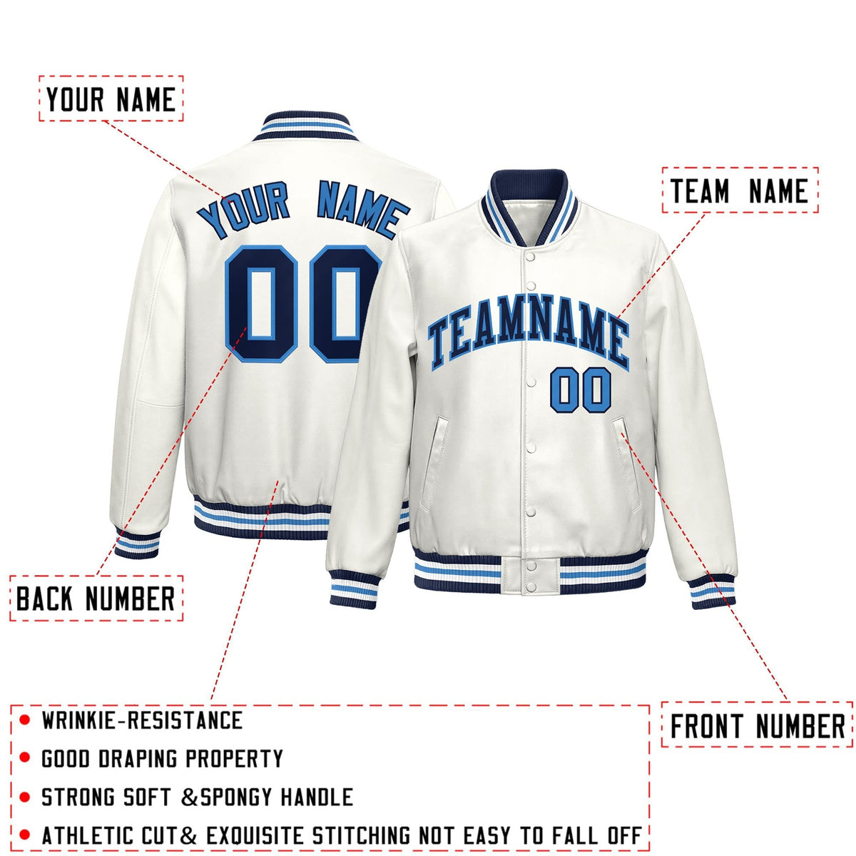 Custom White Light Blue Full-Snap Varsity Faux Leather Letterman Jacket| KXKSHOP