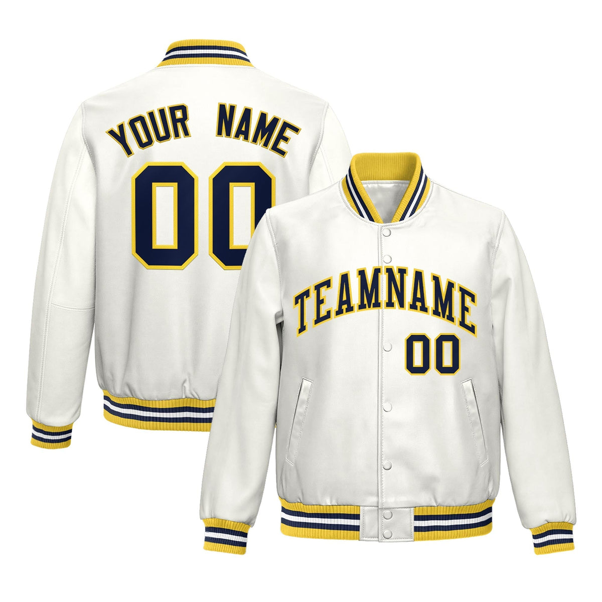 Custom White Yellow Navy Full-Snap Varsity Faux Leather Letterman Jacket| KXKSHOP