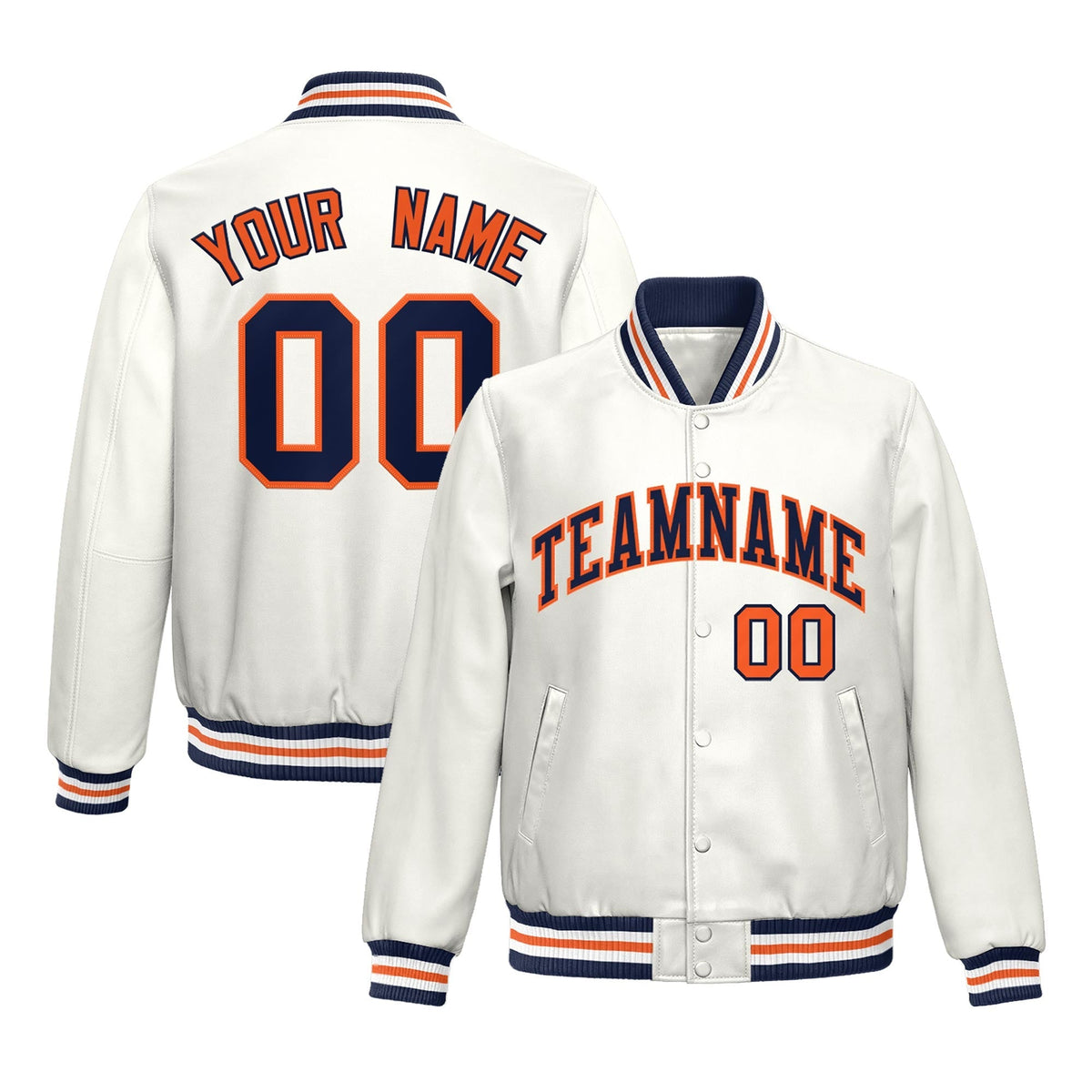 Custom White Navy Orange Full-Snap Varsity Faux Leather Letterman Jacket| KXKSHOP